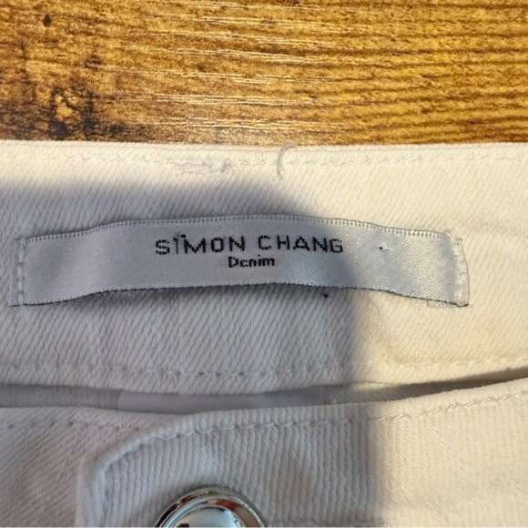 SIMON CHANG Straight Leg White Denim Jeans Embroidered Pockets Cigarette Pants - Picture 14 of 16